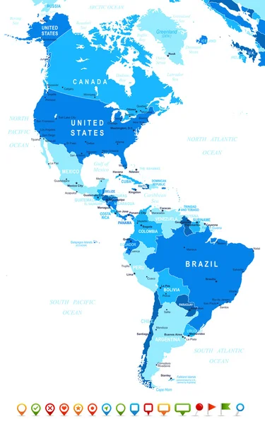 América del Norte y del Sur - mapas e iconos de navegación - ilustración . — Vector de stock