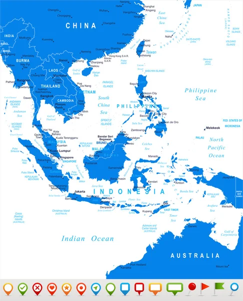 Asia Tenggara - ikon peta dan navigasi - ilustrasi . - Stok Vektor