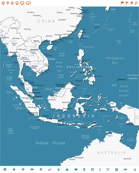 Sudeste Asiático - etiquetas de mapa e navegação - ilustração . — Vetor de Stock