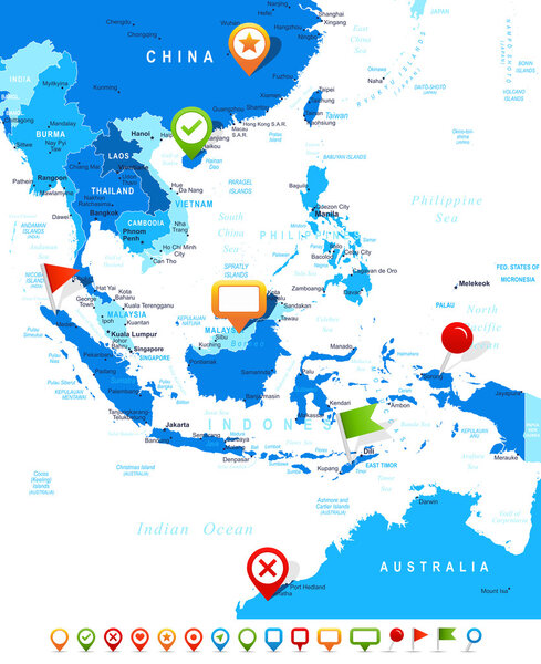 Southeast Asia - map and navigation icons - illustration.