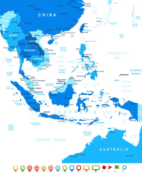 Sudeste Asiático - mapas e iconos de navegación - ilustración . — Vector de stock