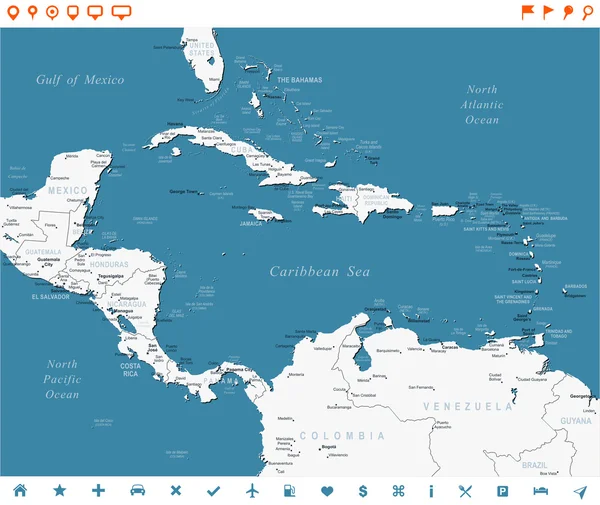 Střední Amerika - mapy a navigace popisky - ilustrace. — Stockový vektor