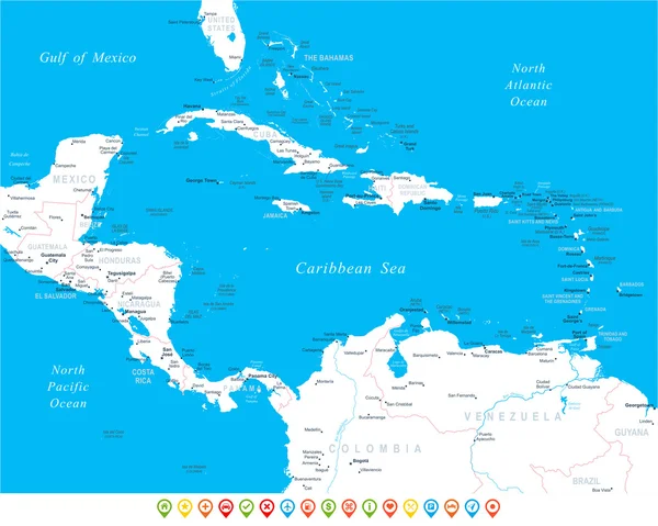 Centroamérica - mapa, iconos de navegación - ilustración . — Vector de stock