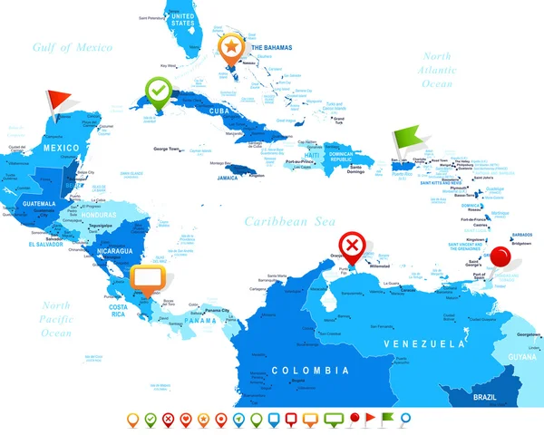 Κεντρική Αμερική - Χάρτης και πλοήγησης εικόνες - εικονογράφηση. — Διανυσματικό Αρχείο