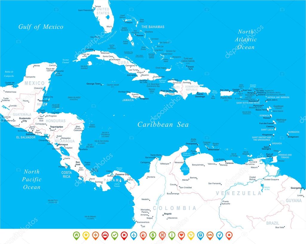 Central America - map, navigation icons - illustration.