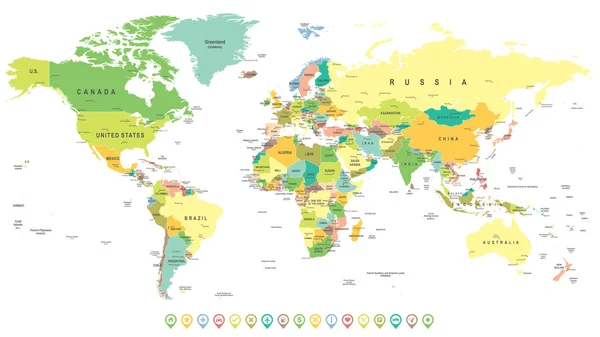 Mapa del mundo e iconos de navegación - ilustración . — Vector de stock