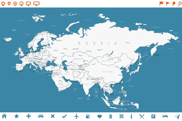 Eurasie - mapy a navigace popisky - ilustrace. — Stockový vektor