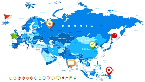 Eurasien - Karte und Navigationssymbole - Illustration. — Stockvektor
