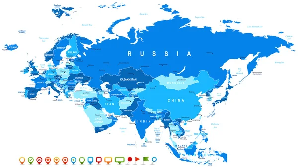 Eurazië - kaart en navigatie pictogrammen - illustratie. — Stockvector