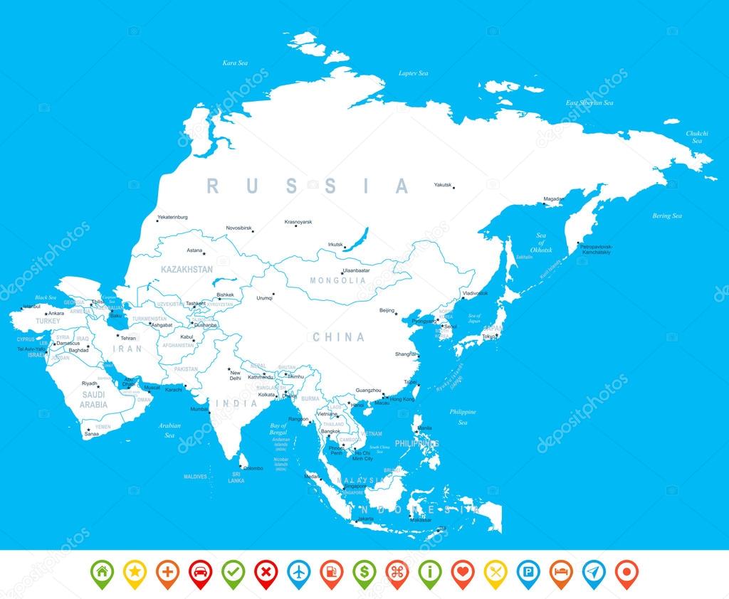Asia - map, navigation icons - illustration.