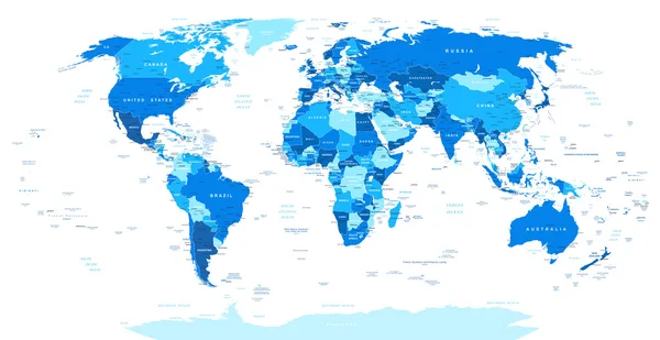 Mapa del Mundo Azul - fronteras, países y ciudades - ilustración . — Vector de stock