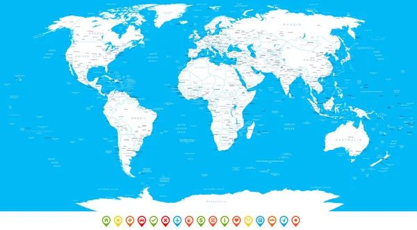 Weiße Weltkarte und Navigationssymbole - Illustration. — Stockvektor