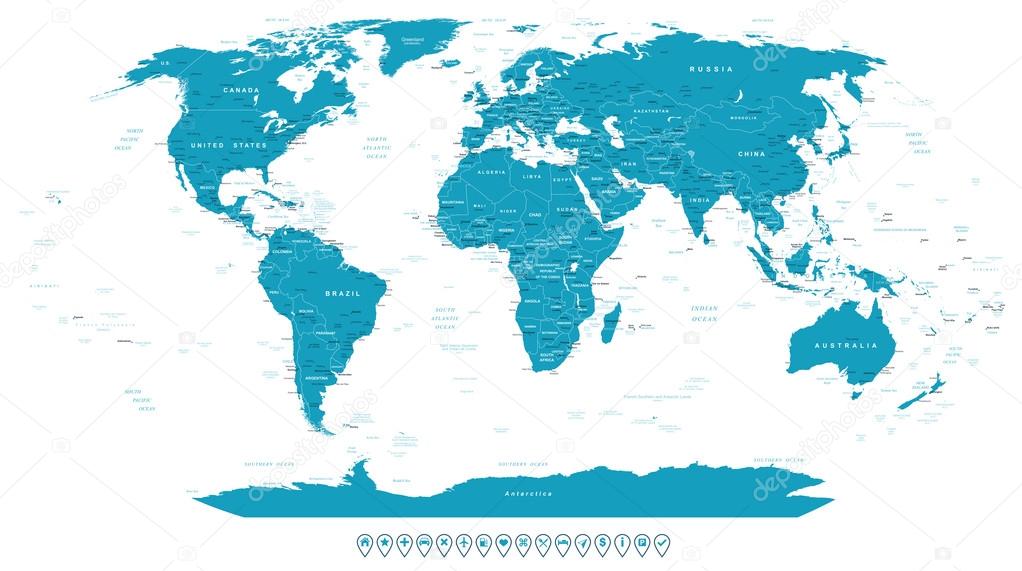 World Map and navigation icons - illustration.