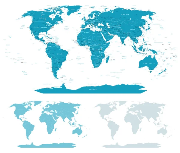 Blauw-groene kaart van de wereld - grenzen, landen en steden - illustratie. — Stockvector