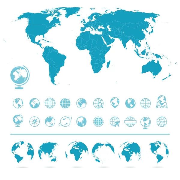 Mapa del Mundo, Globos Iconos y Símbolos - Ilustración . — Vector de stock