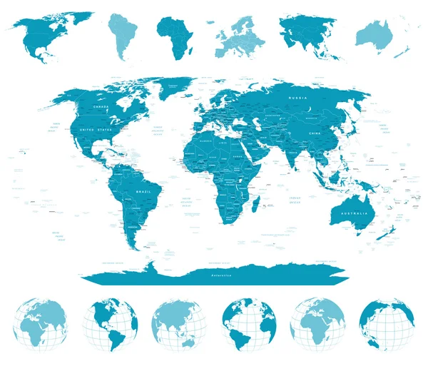 Mappa del Mondo, Globi, Continenti - illustrazione . — Vettoriale Stock