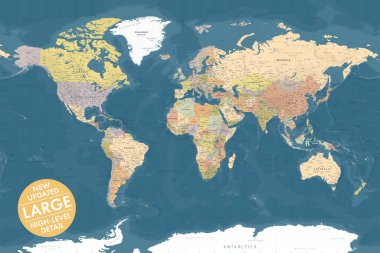 Düzenlenebilir dünya haritası büyük boyutta, yüksek detay ve güncellenmiş sınırlarla. Donanma mavisi ve pastel renk paletinde tam katmanlı ve organize dosya yazdırma, bilgi verme veya eğitim kullanımı için idealdir..