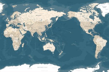 Pasifik merkezli projeksiyonlu vektör dünya haritası ortadaki Asya, Avustralya ve Amerika 'yı gösteriyor. Ülke isimleri ve okyanus yardımı içeren ayrıntılı siyasi harita.