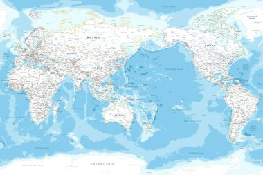 Pasifik Okyanusu 'nun merkezindeki vektör dünyası haritası. Ülkelerin, başkentlerin ve okyanusların etiketlendiği parlak politik harita. Eğitici veya dekoratif kullanım için ayrıntılı ve renkli tasarım.