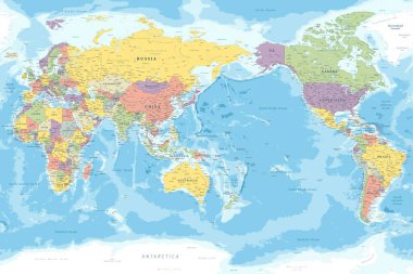 Vektör dünyası haritası Pasifik Manzarası. Sınırları, başkentleri ve büyük şehirleri olan ülkeleri parlak tonlarda gösteren renkli bir siyasi harita.