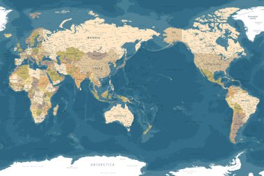 Pasifik Okyanusu 'nun merkezindeki vektör dünyası haritası. Gölgeli rahatlama, ülke sınırları ve isimlerle detaylı fiziksel ve politik harita. Mavi okyanus arkaplanlı doğal toprak tonları.