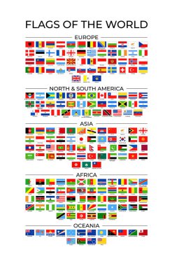 Kıtalar tarafından organize edilmiş detaylı dünya bayraklarının yer aldığı dünya basılabilir vektör posterleri. Büyük baskı, eğitim, dekor ve öğrenim materyalleri için yüksek kalite vektör tasarımı ideal