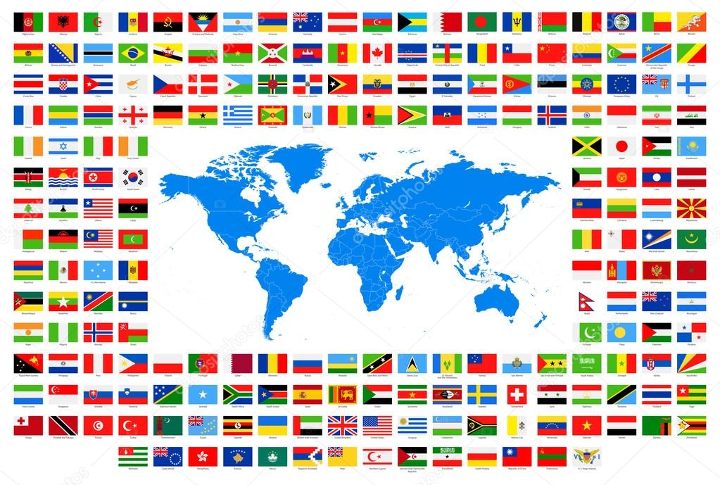 Tous Les Drapeaux Et Carte Du Monde Simple Bleu Image