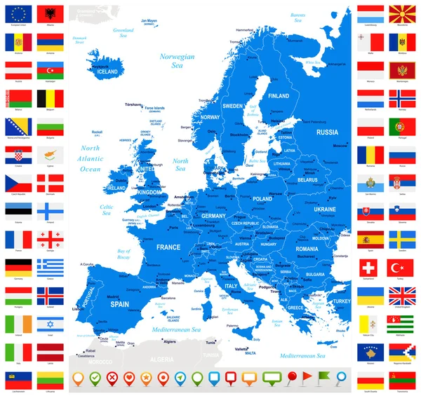 Mappa e Bandiere d'Europa - Collezione Full Vector . — Vettoriale Stock