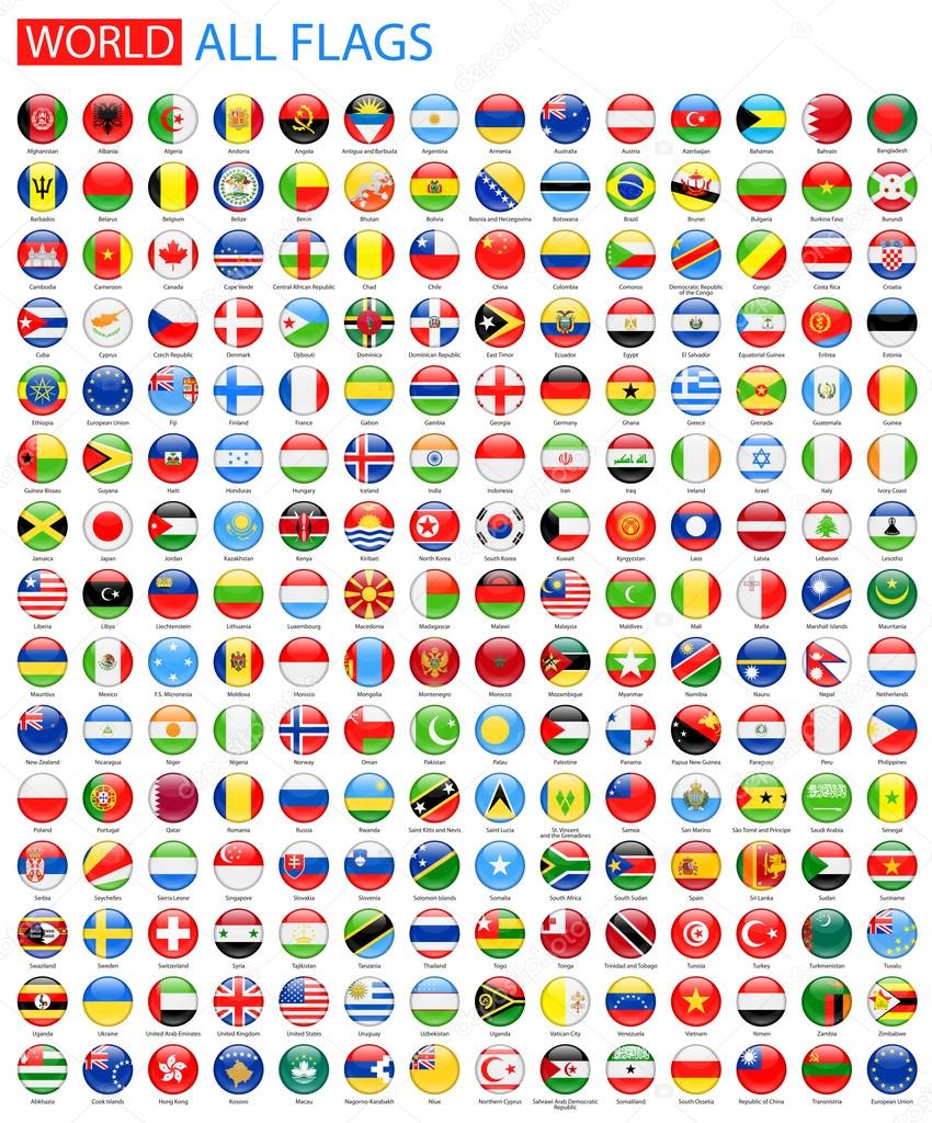 Round Glossy All World Vector Flags.