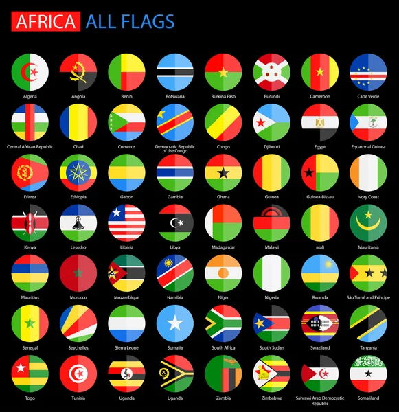 Drapeaux ronds plats d'Afrique sur fond noir - Collection complète de vecteurs . — Image vectorielle