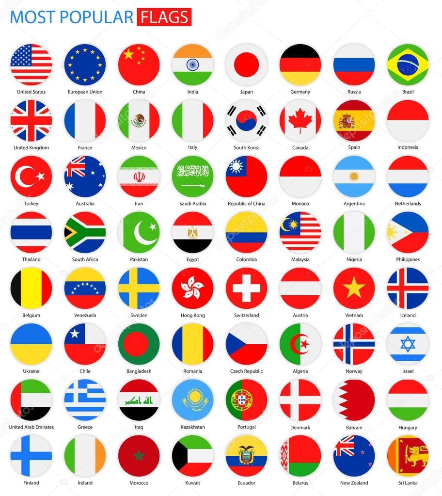 Flat Round Most Popular Flags - Vector Collection.