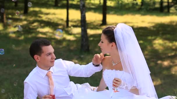 Bruiloft bruid en bruidegom buitenshuis — Stockvideo