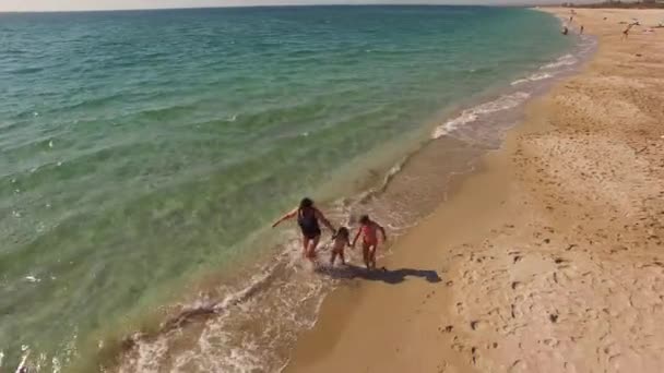 AERIAL VIEW. Happy Mother With Two Children Running On The Beach — Stock Video