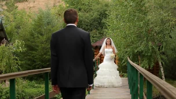 Novia y novio en un puente — Vídeo de stock