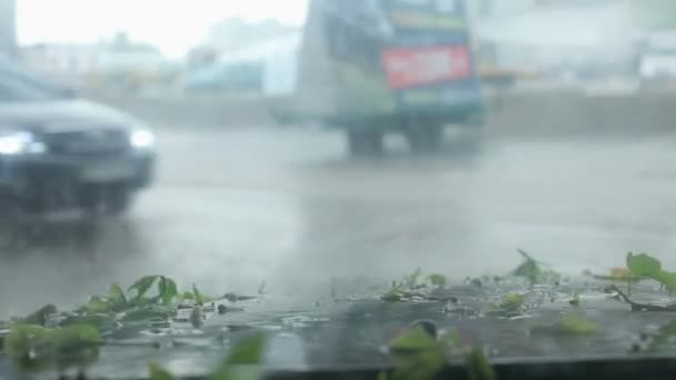En bilkolonne i byen overvinner dårlig vær. . – stockvideo