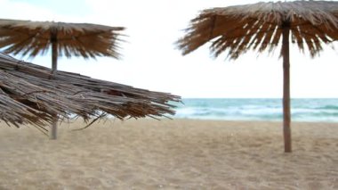 Rüzgarlı bir günde Thatched şemsiyelerle Sandy Beach