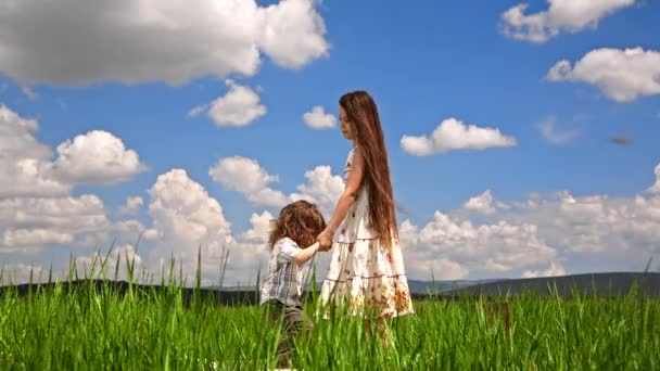Chica y niño saltando en el campo verde — Vídeo de stock