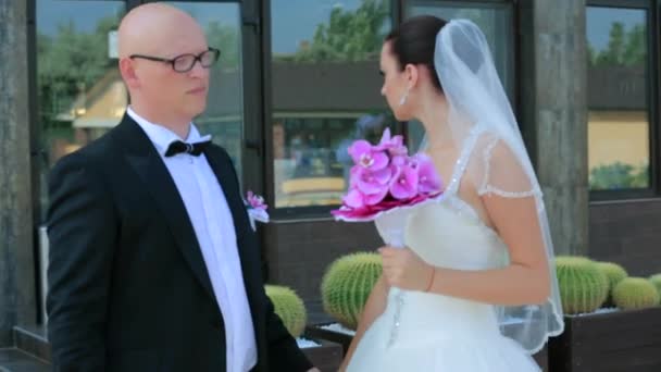 Casal bonito de recém-casados andando perto da piscina — Vídeo de Stock