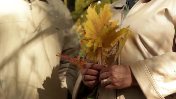 Femme avec un bouquet de feuilles — Video