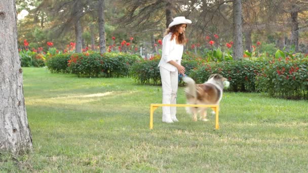 Frau entspannt mit ihrem Hund — Stockvideo