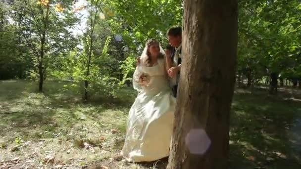 Nevěsta a ženich na houpačce — Stock video