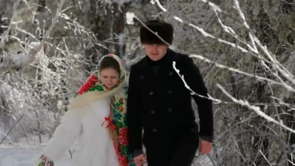 Jeune couple marchant dans les bois — Video