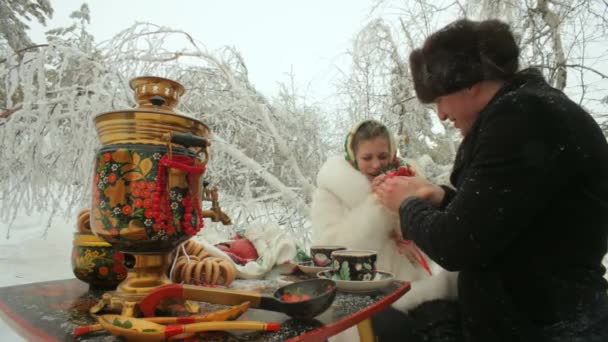 Té en el bosque de invierno — Vídeo de stock