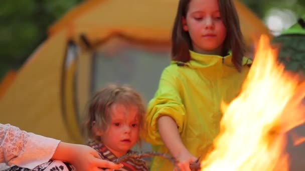 Erkek ve kız bir kamp ateşi üzerinde şekerleme kızartmak. — Stok video