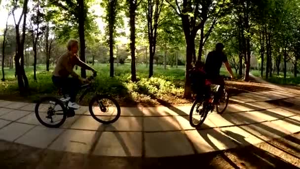Mutlu insanlar Bisiklet yeşil park güneşli gün sürme — Stok video