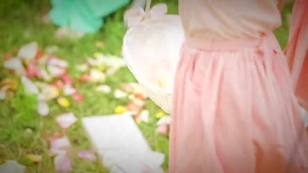 Две маленькие девочки, горланящие лепестки цветов — стоковое видео