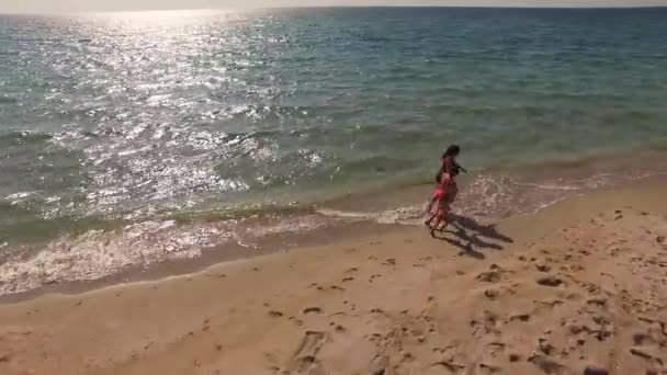 VISTA AERIAL. Madre feliz con dos niños corriendo en la playa — Vídeos de Stock