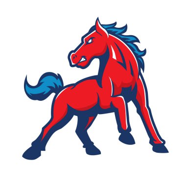 Güçlü kırmızı ve mavi at maskotu çizimi, agresif duruş, dinamik enerji