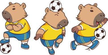 Sarı ve mavi üniformalar giyen sevimli Capybara futbol maskotları. Komik hayvan futbolcu karakterleri spor takımı logoları, çocuk çizimleri ya da ticari eşyalar için mükemmeldir..