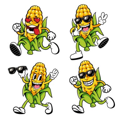 Farklı ifadeleri ve pozları olan komik mısır maskotları koleksiyonu. Güneş gözlüğü takan sevimli mısır koçanı karakterleri barış işaretleri ve kalp gözleri gösteriyorlar. Gıda markası, maskot tasarımı, çıkartma veya resimleme için mükemmel..